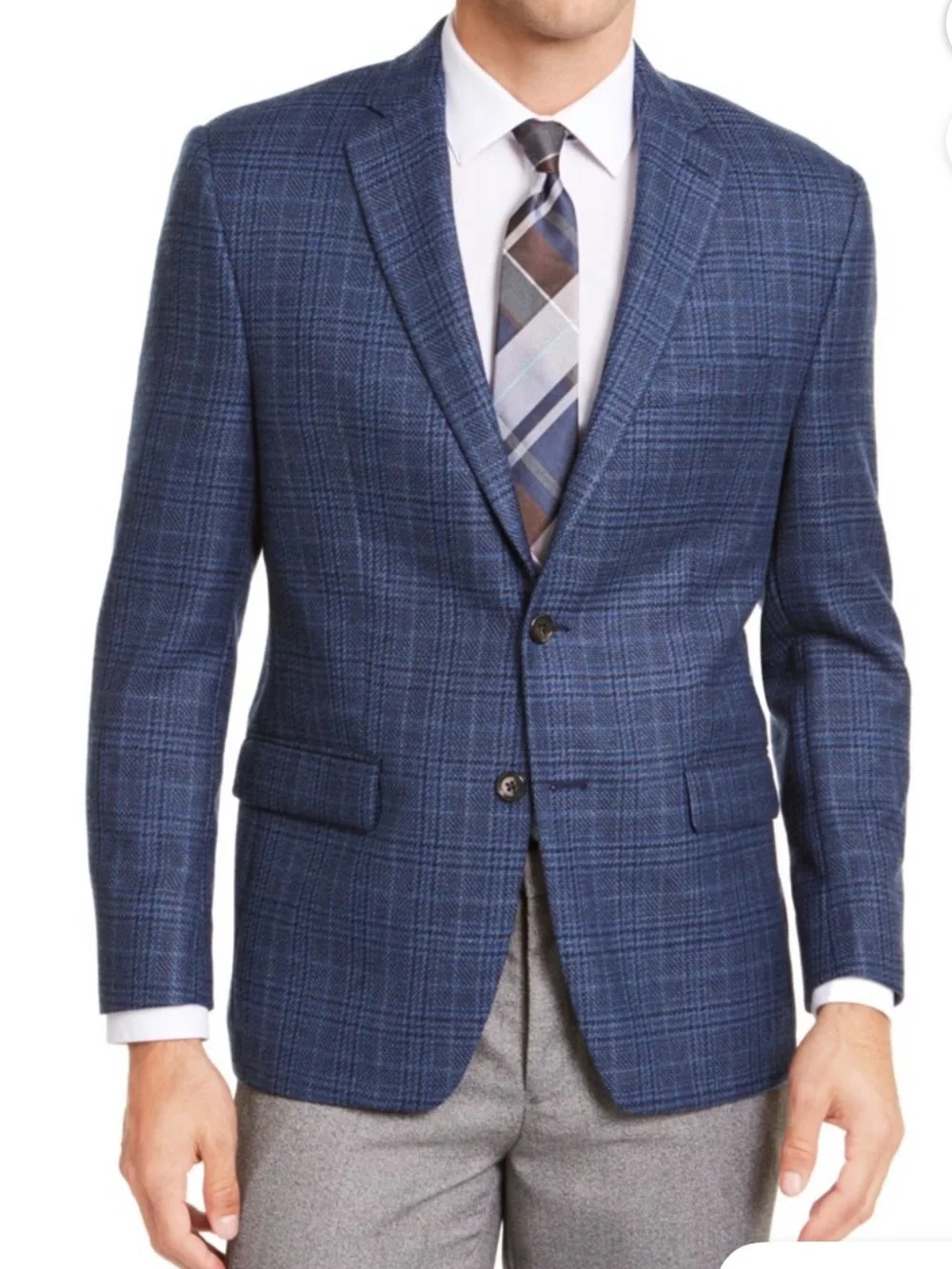 RALPH LAUREN Mens Navy Windowpane Ultraflex Blazer (C)